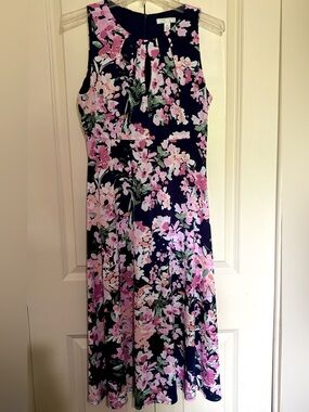 London Times Women’s Printed Sleeveless Empire Aline Keyhole Neckline Midi Dress